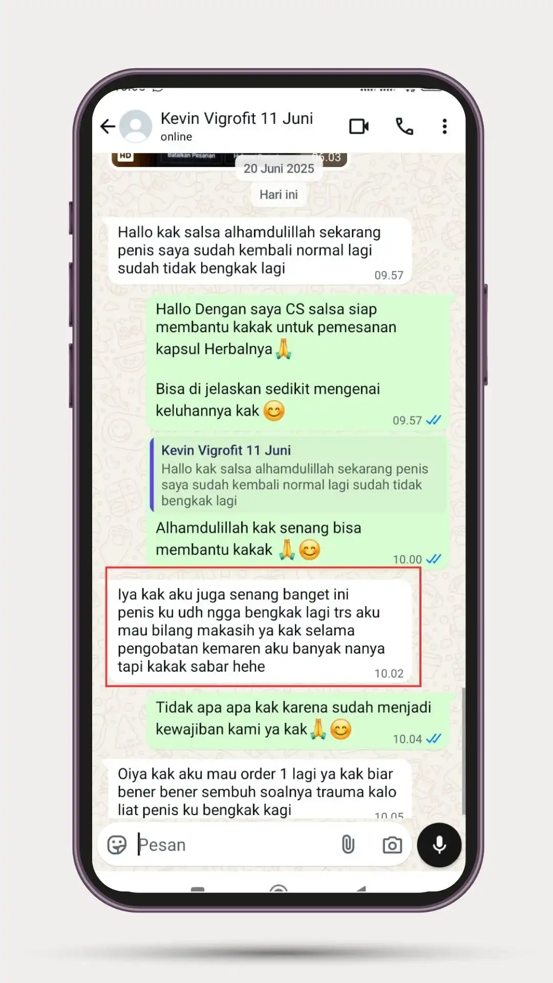 Testimoni chat WhatsApp pelanggan vigrofit 1